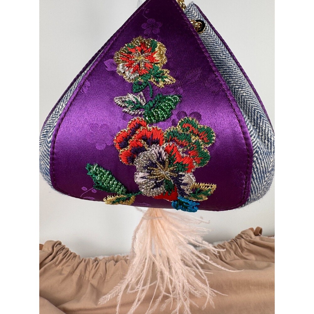 The Volon Cindy Bag Purple Satin Flora embroidered Feather Shoulder Bag Gold